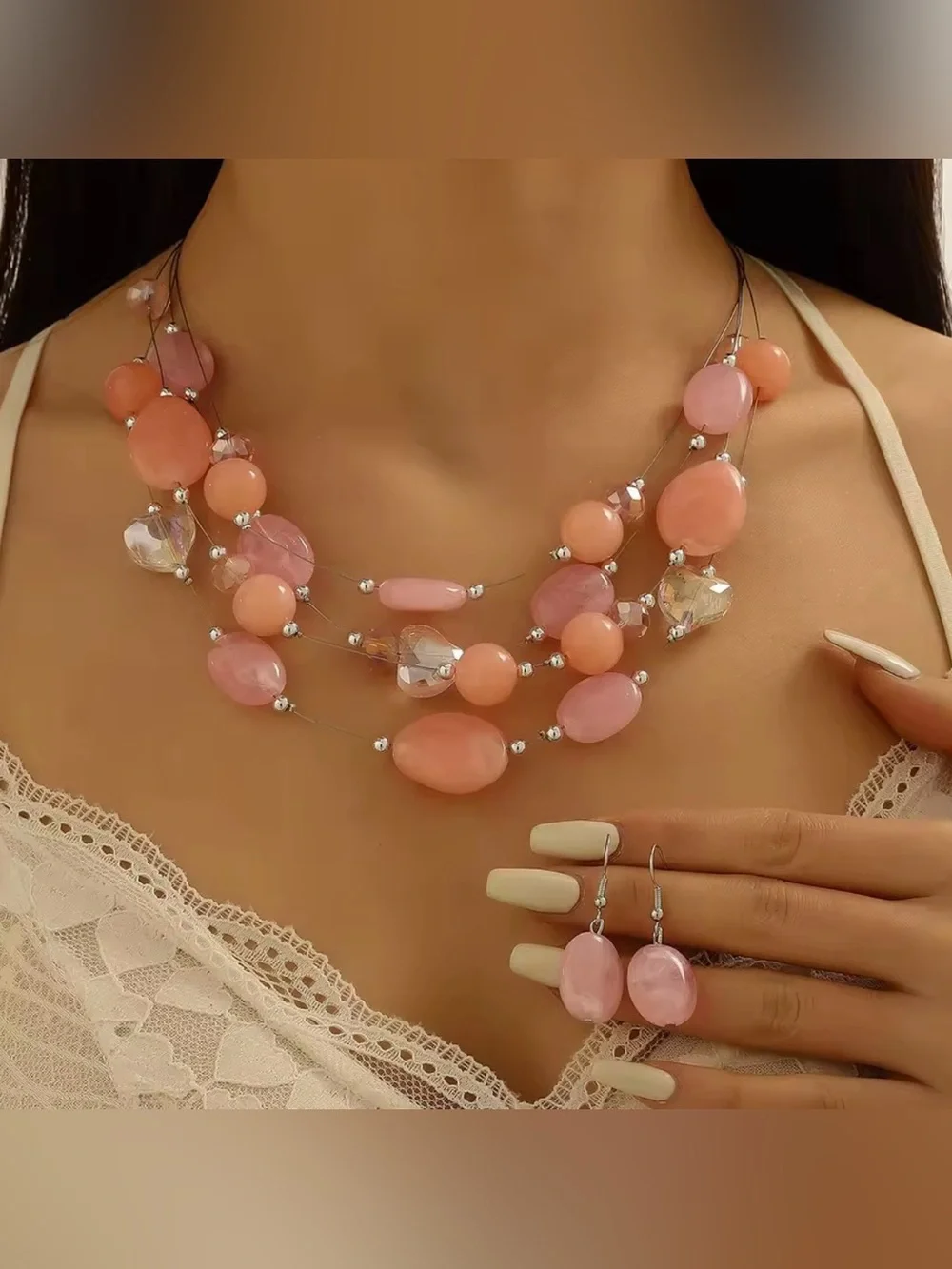 Multi-Strand Blue, Cream & Tan Bead Necklace Set with Matching Earrings